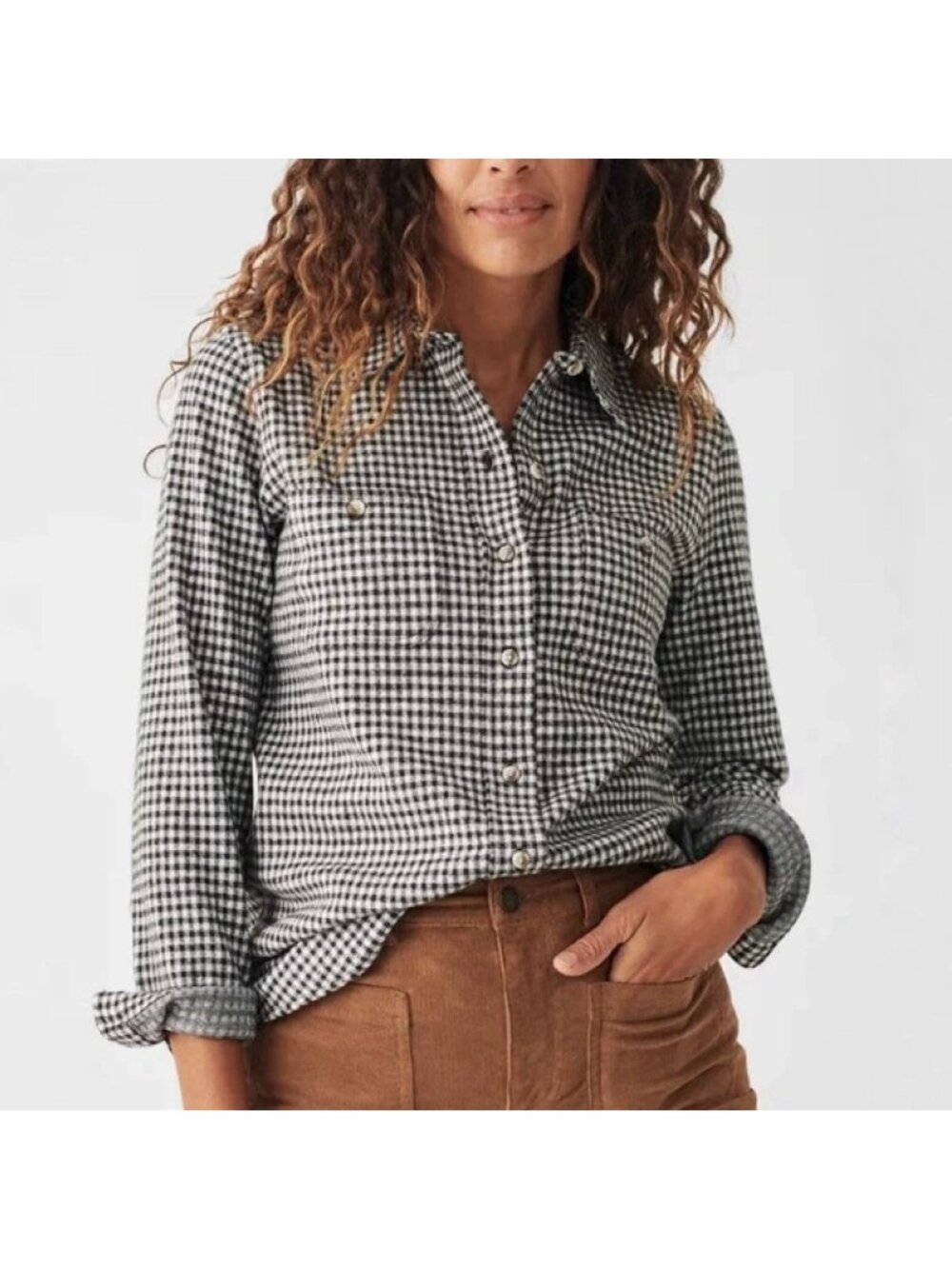 Faherty Legend Sweater Shirt Black White Gingham Long Sleeve Button Women’s Med